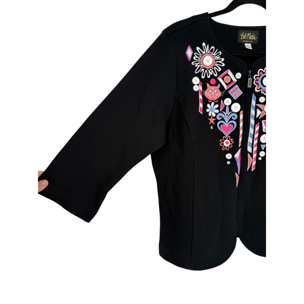 Bob Mackie Wearable Art Embroidered Cat Full Zip Cardigan Jacket Size Large - Picture 11 of 13